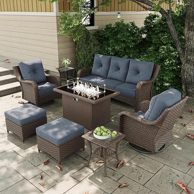7 Pieces Outdoor Patio Furniture Sets with Rocking Swivel Chairs with 6-inch Thick Cushion and Fire Pit Table for Deck Lawn by GreenHaven Gardens