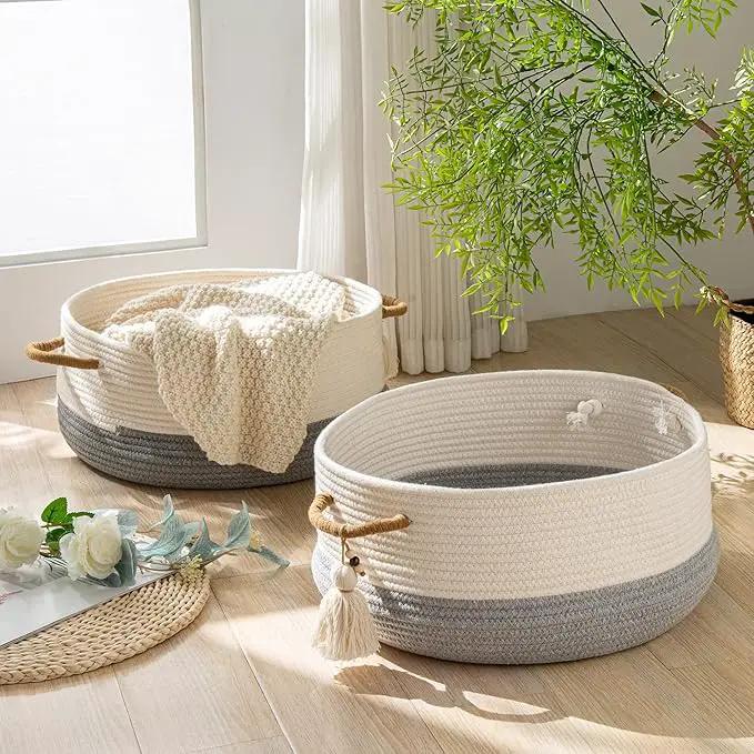 KAKAMAY Woven Baskets for Storage(16"x8"),Blanket Basket for Organizing Living Room,Cotton Rope Basket Woven Baby Laundry Hamper,Collapsible Laundry Room Organization,Clothes,Toy Chest(Grey) by GreenHaven Gardens