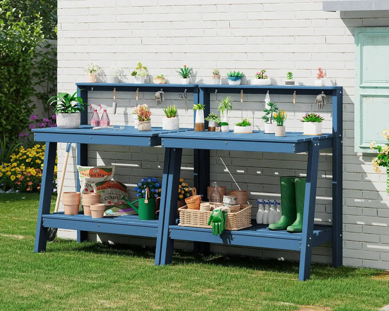SERWALL Potting Bench Outdoor with Storage Set of 2, 3-Tier HDPE Gardening Table with Angled Legs & Tool Hooks, All-Weather Heavy Duty Potting Table for Patio, Backyard, Garden, Blue by GreenHaven Gardens