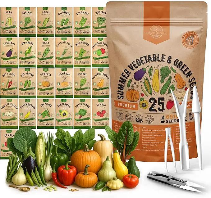 Organo Republic 25 Summer Vegetable Garden Seed Variety Pack - 6,510+ Non-GMO Heirloom Veggie & Greens Seeds for Outdoors & Indoor Home Garden, Including Collards, Pepper, Okra, Onion, Bean, Cucumber by GreenHaven Gardens