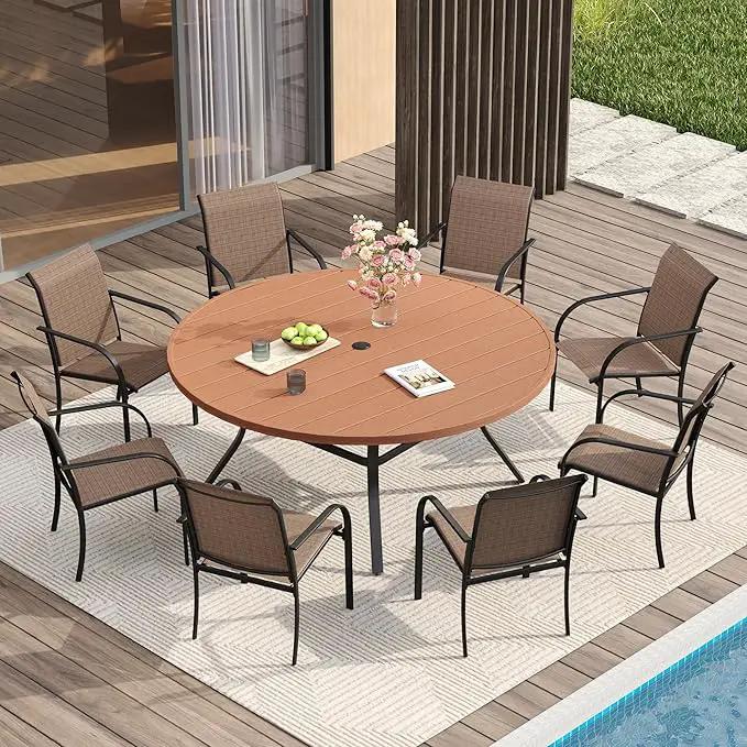 VICLLAX Patio Dining Set for 8, 9 Pieces Outdoor Furniture Set Includes 56.3" Round Patio Table and 8 Patio Stackable Chairs, Outdoor Table and Chairs for Outsides, Walnut Tabletop and Brown Fabric by GreenHaven Gardens