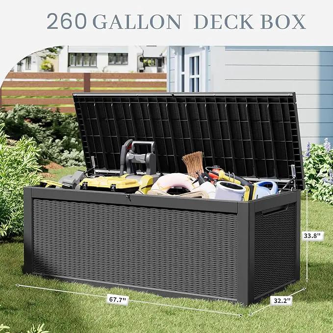 NUNU LAB 260 Gallon Outdoor Storage Box,Resin Large Sturdy Deck Box, Backyard Outside Storage Box Waterproof with Double Wall Panels,Package Delivery Garden Outdoor Hose Bin by GreenHaven Gardens