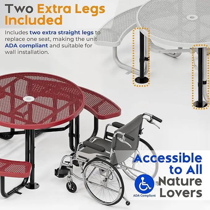 Metal Picnic Tables for Outdoors with Umbrella Hole - Coated Steel Heavy Duty Commercial Grade Table with Adjustable Seats (Red, 46 in, Round, Expanded Steel) by GreenHaven Gardens