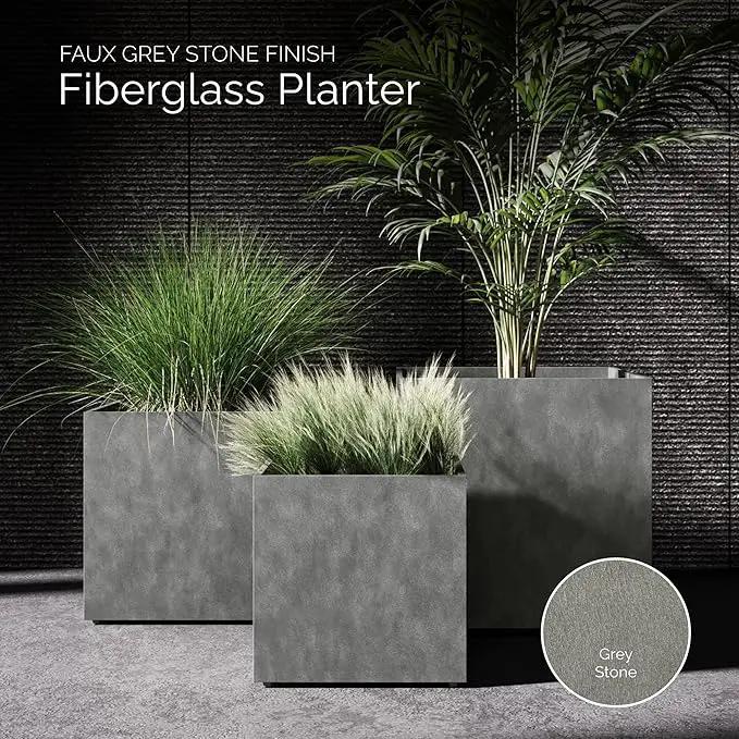 Reglito Cube Planter – Fiberglass Indoor/Outdoor and Weather-Resistant Large Planter (Grey Stone, 27.6" L x 27.6" W x 28.1" H) by GreenHaven Gardens
