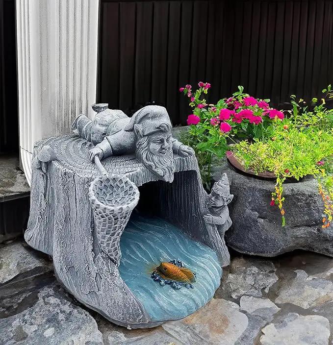 Gnome Fishing 3"x4" Gutter Downspout Splash Block Decor, Garden Outdoor Animal Resin Statue & Sculpture, Gutter Diverter Rain, Decorative Gutter Extension Downspout, Eco-Friendly