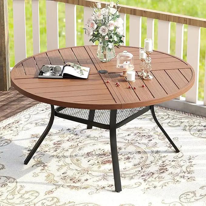 VICLLAX Round Patio Table with Adjustable Umbrella Hole for 6, All Weather Metal Outdoor Dining Table for Lawn Garden, 47.2" Outdoor Coffee Table, Walnut Wood-Like Tabletop by GreenHaven Gardens