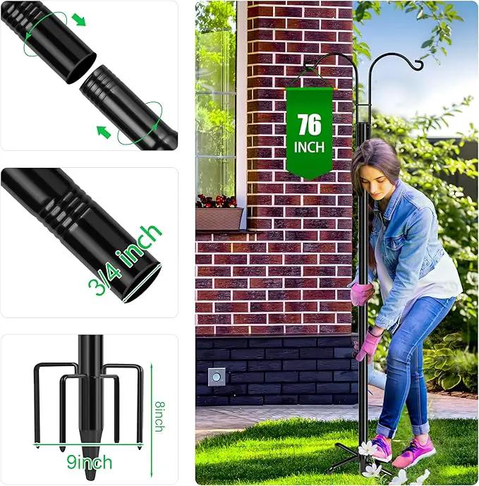 XDW-GIFTS Double Shepherds Hooks for Outdoor, 2-Pack Heavy Duty Garden Pole for Hanging Bird Feeder, Plant Baskets, Solar Light Lanterns, Garden Plant Hanger Stands with 5 Base Prongs by GreenHaven Gardens
