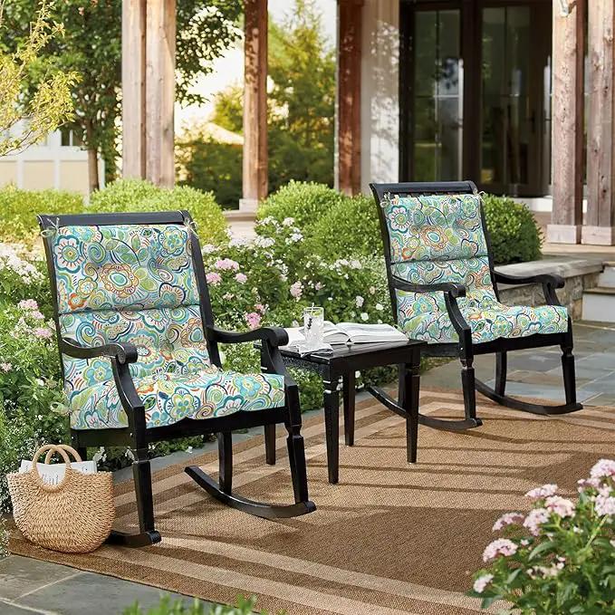LVTXIII Outdoor Seat/Back Chair Cushion Patio Tufted High Back Cushion, Seasonal Replacement Rocking Chair Cushion with Ties (22” W x 20D”, Set of 2, Flower Blue) by GreenHaven Gardens