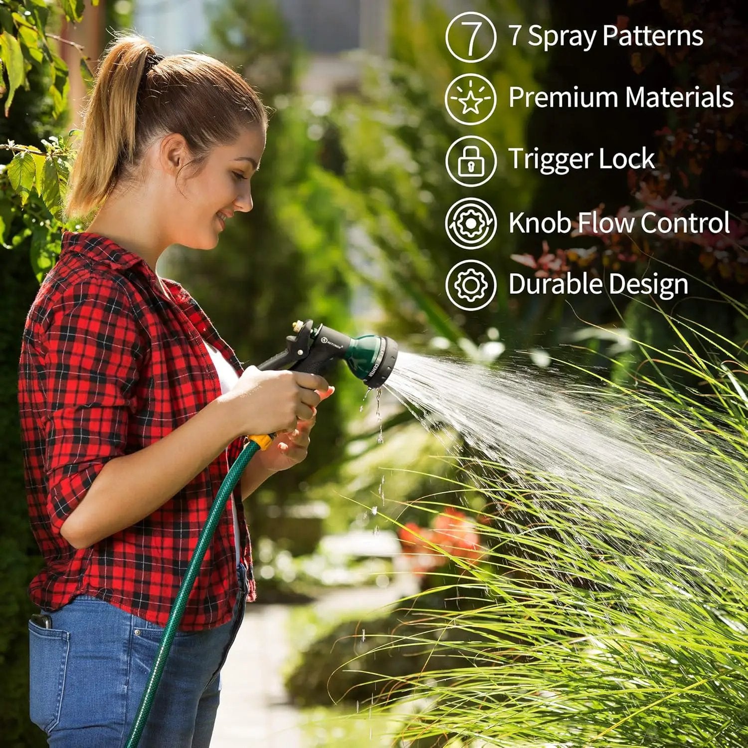 AUTOMAN-Garden-Hose-Nozzle, Metal Water Spray Nozzle with Heavy Duty 7 Adjustable Watering Patterns,Slip Resistant for Watering Plants,Lawn& Garden,Washing Cars,Cleaning,Showering Pets & Outdoor Fun. by GreenHaven Gardens