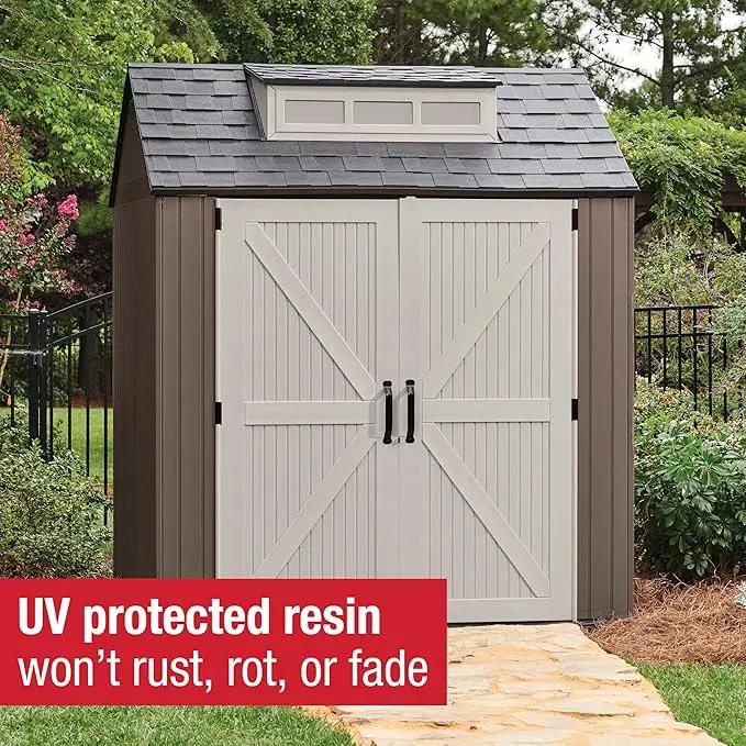 Rubbermaid Large Resin Outdoor Storage Shed With Floor (7 x 7 Ft.), Weather Resistant, Brown, Organization for Home/Lawn Mower/Backyard Equipment/Bike Storage/Pool Supplies by GreenHaven Gardens