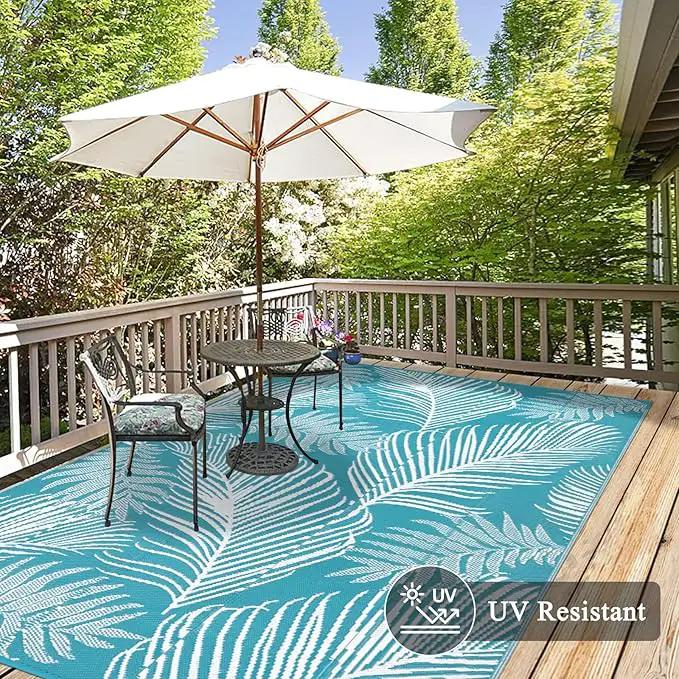 Pauwer Waterproof Outdoor Rug 8x10, Reversible Plastic Straw Patio Camping Rug, Indoor Outdoor RV Mat Carpet for Deck, Camper, Porch, Balcony, Backyard, Picnic, Leaf Teal by GreenHaven Gardens