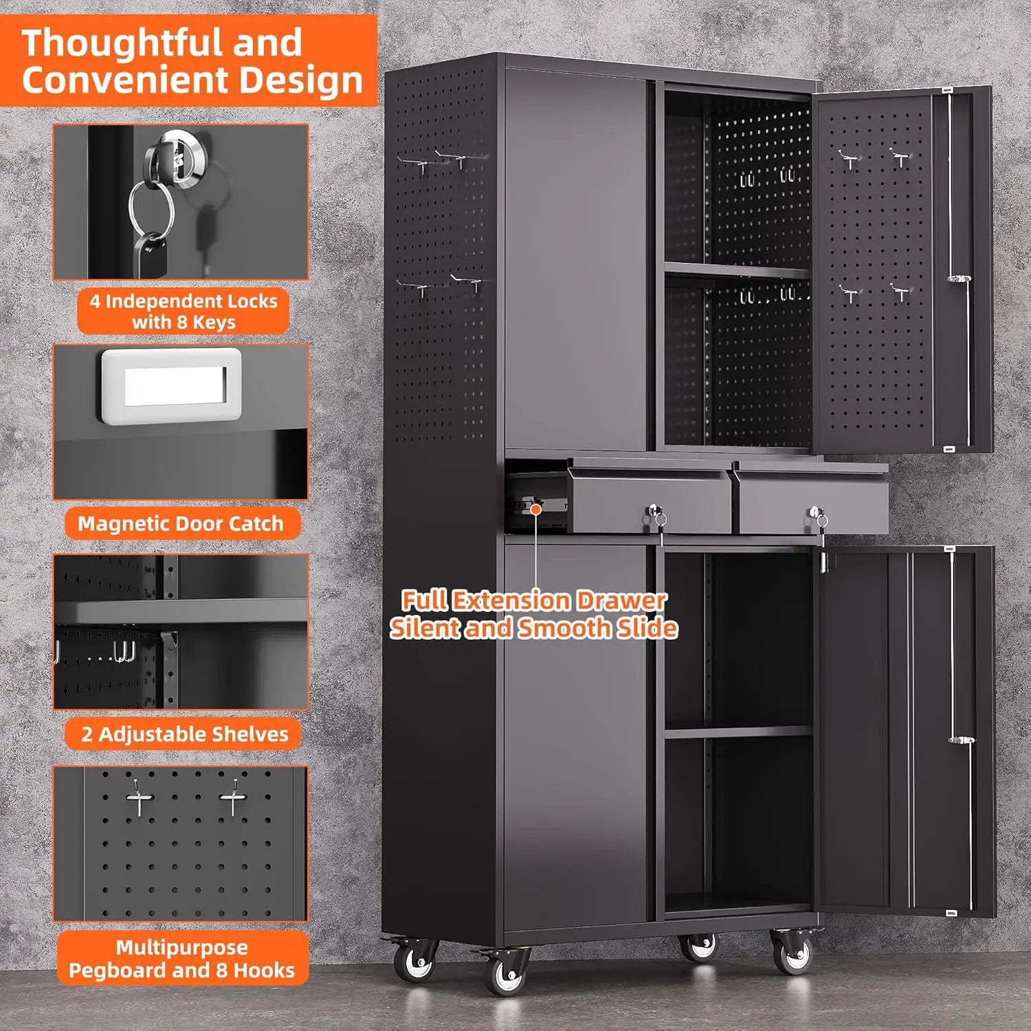 Aobabo Metal Storage Cabinet with Wheels and 2 Locking Drawers, Steel Rolling Tool Cabinet with 8 Hooks and 2 Adjustable Shelves for Garage, Home, Office, Kitchen, Assembly Required, Black by GreenHaven Gardens