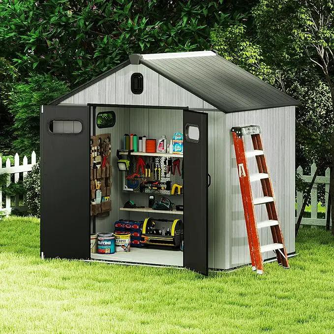 Domi 8x6FT Outdoor Resin Storage Shed with Transparent Windows & Louvered Vents, Plastic Tool Shed with Double Lockable Doors & Gable Roof, Outside Garden Shed for Backyard, Patio, Lawn, Grey by GreenHaven Gardens