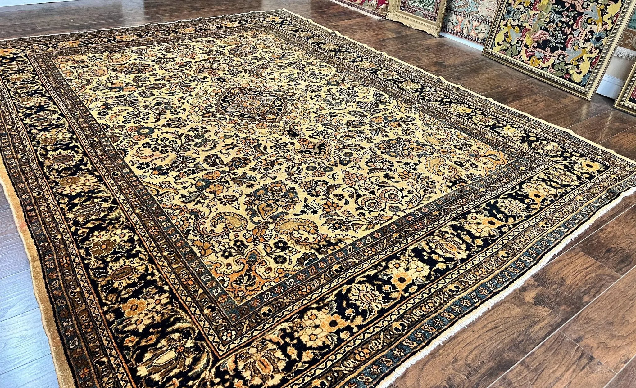 Antique Persian Rug 9x11, Wool Handmade 1920s Oriental Carpet, Persian Hamadan Anjelas Rug, Cream Black, Floral Allover Oriental Rug 9 x 11 Room Sized Rug by Jewel Rugs