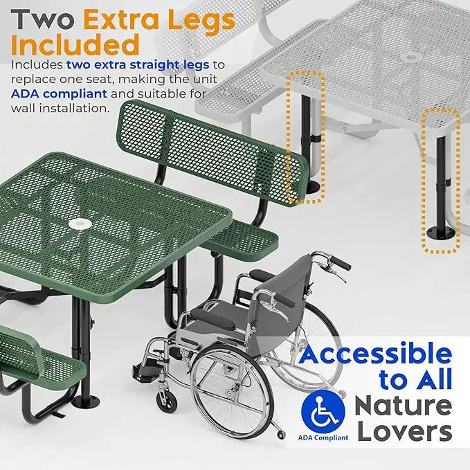 Metal Picnic Tables for Outdoors with Umbrella Hole - Coated Steel Heavy Duty Commercial Grade Table with Adjustable Seats (Green, 46 in, Square with Back, Expanded Steel) by GreenHaven Gardens