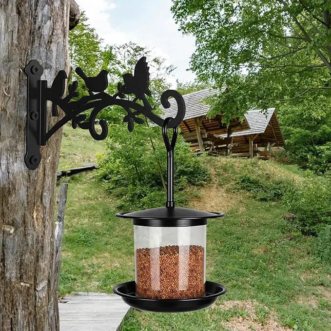 Metal Hanging Plant Bracket with Birdie Pattern 2 Pack – Heavy Duty Plant Hooks for Hanging Flower Baskets，Plants, Bird Feeder, Wind Chime - Indoor/Outdoor Use，Black Matte Texture (12 in) by GreenHaven Gardens