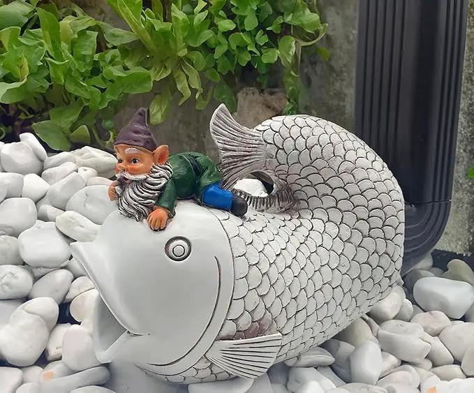 Gnome Fish Sculpture, Garden Animal Statue & Outdoor Decor, Eco-Friendly Resin Gutter Diverter Rain, Decorative Gutter Extension Downspout, Splash Block, Perfect for 3"x4" Downspouts by GreenHaven Gardens
