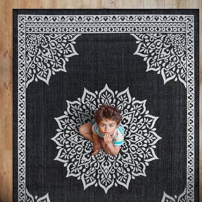 CAMILSON Outdoor Rug, 8x10 Medallion Black White Modern Area Rugs for Indoor and Outdoor Patios, Kitchen and Hallway Mats, Washable Porch Deck Outside Carpet (Medallion Black, 8 x 10) by GreenHaven Gardens