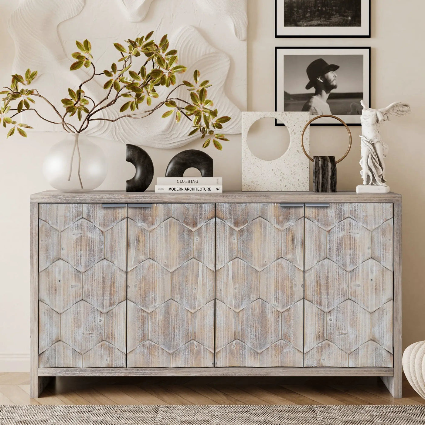 Accent Cabinet Farmhouse Style 4 Door Wooden Cabinet Sideboard Buffet Server Cabinet Storage Cabinet, For Living Room, Entryway, Hallway, Office, Kitchen And Dining Room by HouseOfZazla