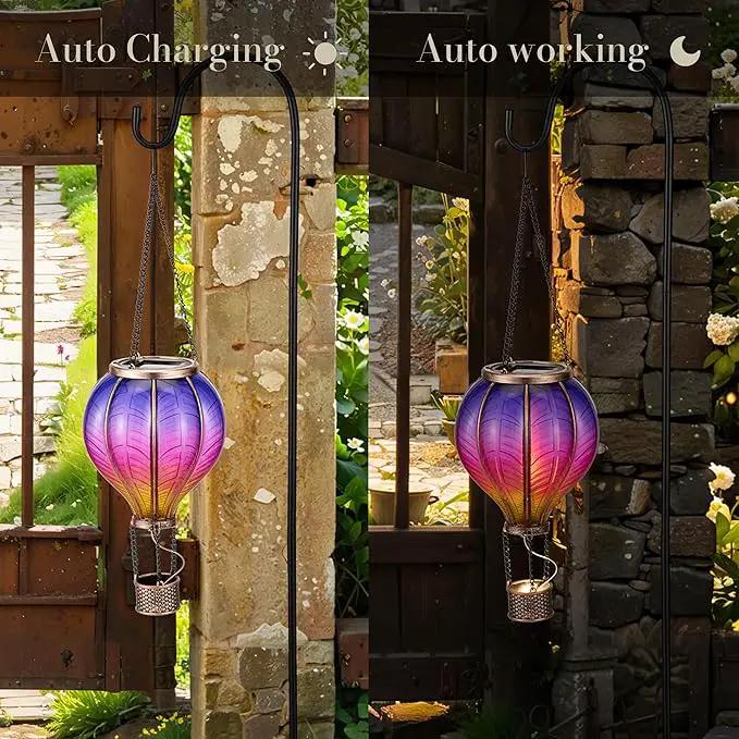 TERESA'S COLLECTIONS 2 Pack Hanging Solar Lantern Outdoor Garden Decor for Valentine ,Waterproof Plastic Hot Air Balloon Purple Flickering Flame Effect Lantern for Yard Tree Gift for Mom,18" by GreenHaven Gardens