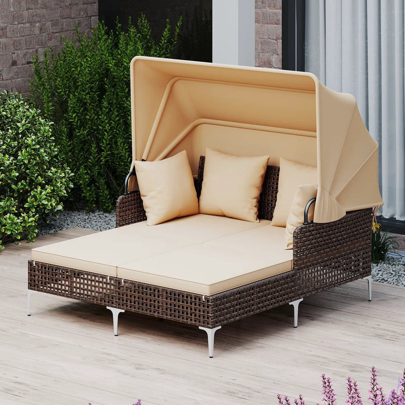 Outdoor Daybed with Retractable Canopy PE Wicker Rattan Patio Lounger by DirectDeals