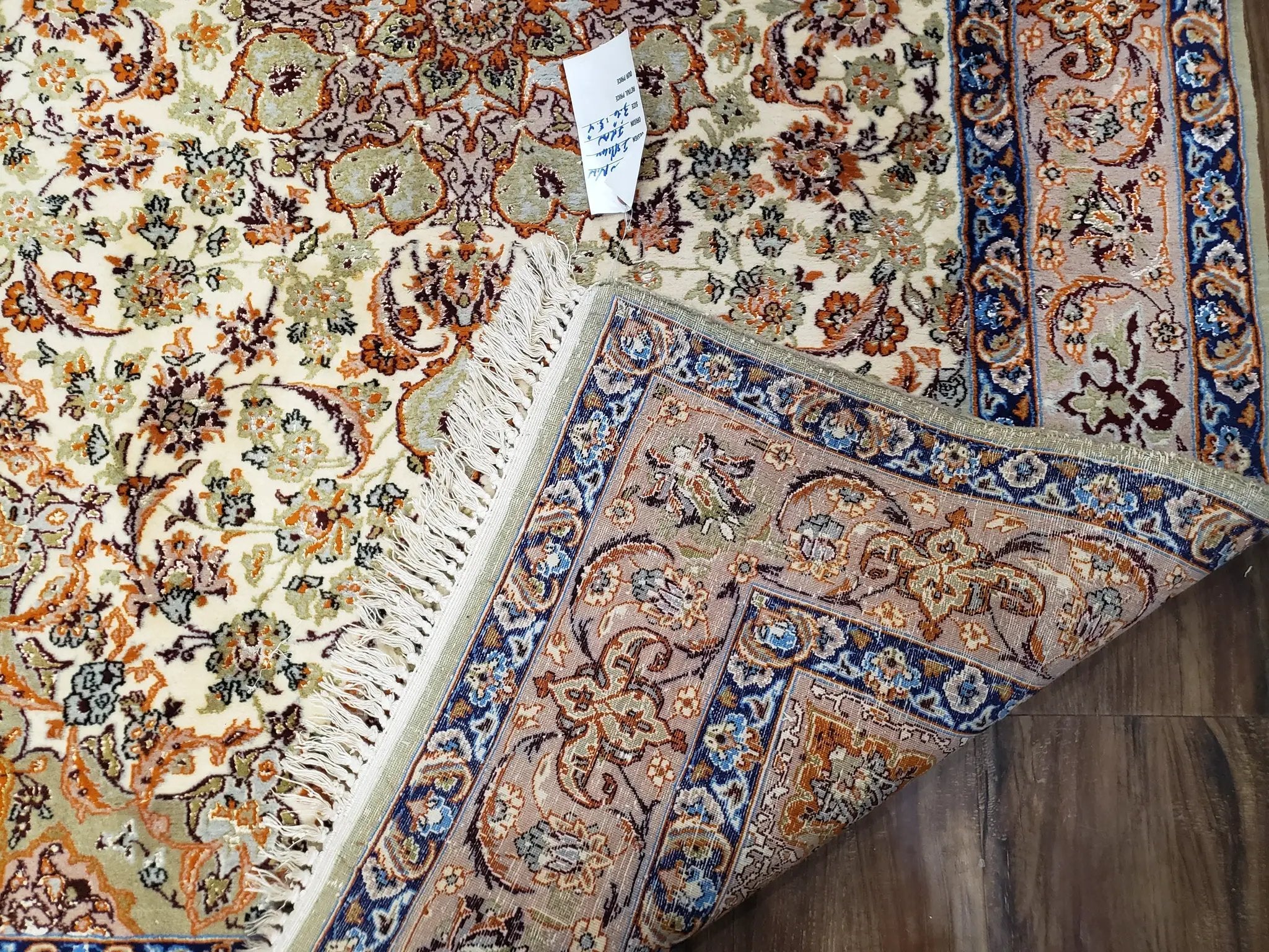 Vintage Persian Isfahan Lachak Toranj Rug, Highly Detailed, Kork Wool on Silk Foundation, Beige and Dark Blue, Hand-Knotted, 3'6" x 5' 4" by Jewel Rugs
