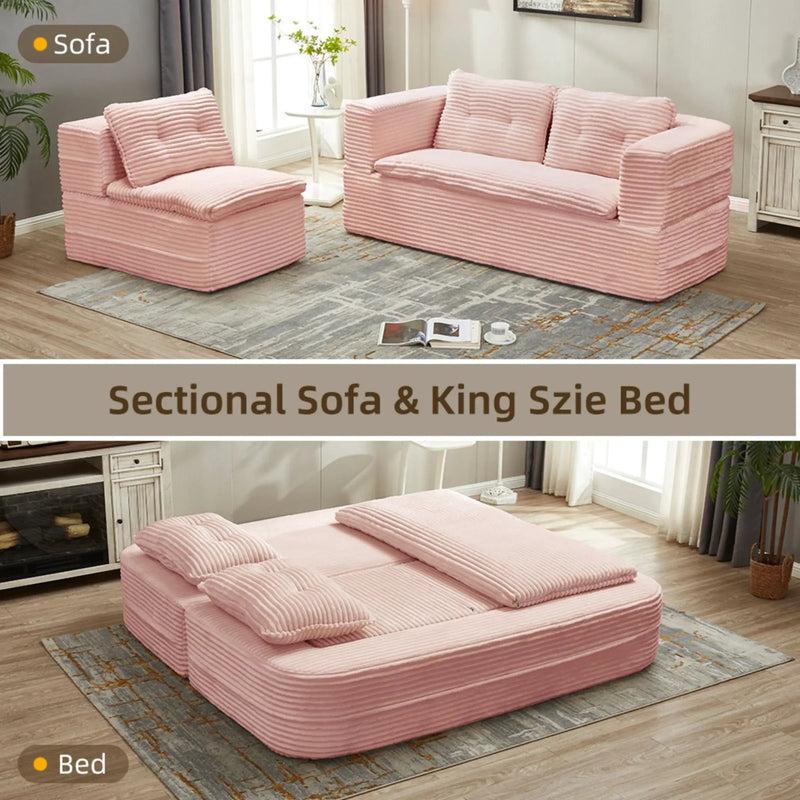 Multi Functional Sectional Sofa Bed With Independent Chaise Lounge And Functional Blanket, Convertible King Size Bed, Deep Seat - Baby Pink by HouseOfZazla