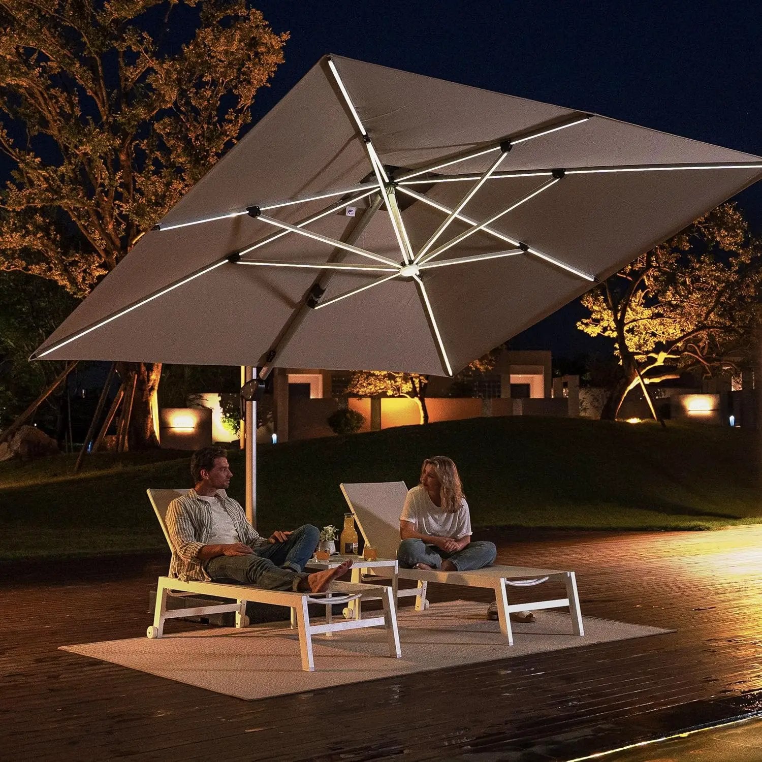 PURPLE LEAF 11 Feet Double Top Deluxe Solar Powered LED Square Patio Umbrella Offset Hanging Umbrella Outdoor Market Umbrella Garden Umbrella, Beige by GreenHaven Gardens