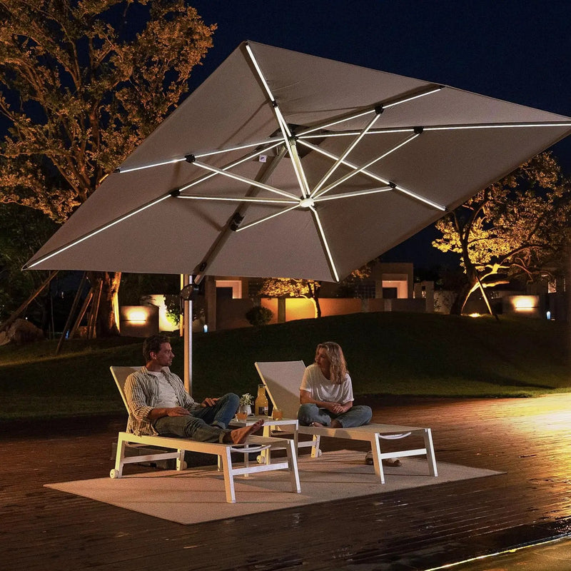 PURPLE LEAF 11 Feet Double Top Deluxe Solar Powered LED Square Patio Umbrella Offset Hanging Umbrella Outdoor Market Umbrella Garden Umbrella, Beige by GreenHaven Gardens