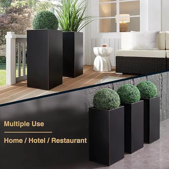 Metallic Heavy Planter for Outdoor Plants, 14Lx14Wx30H Inches, Tall Metal Planter Box with Hand Brushed Gold Edge for Outside & Indoor, 25 Pounds, No Assembly and Seamless, Set of 2 (Black) by GreenHaven Gardens