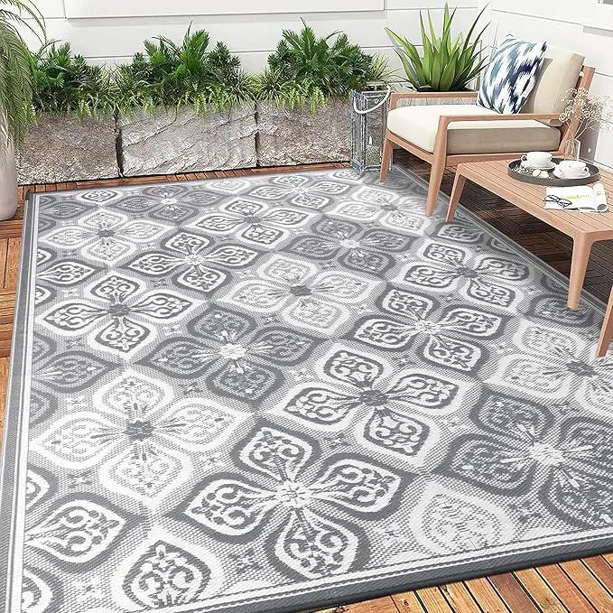 Pauwer Waterproof Outdoor Rug 9x12, Reversible Plastic Straw Patio Camping Rug, Indoor Outdoor RV Mat Carpet for Deck, Camper, Porch, Balcony, Backyard, Picnic, Clover Grey by GreenHaven Gardens