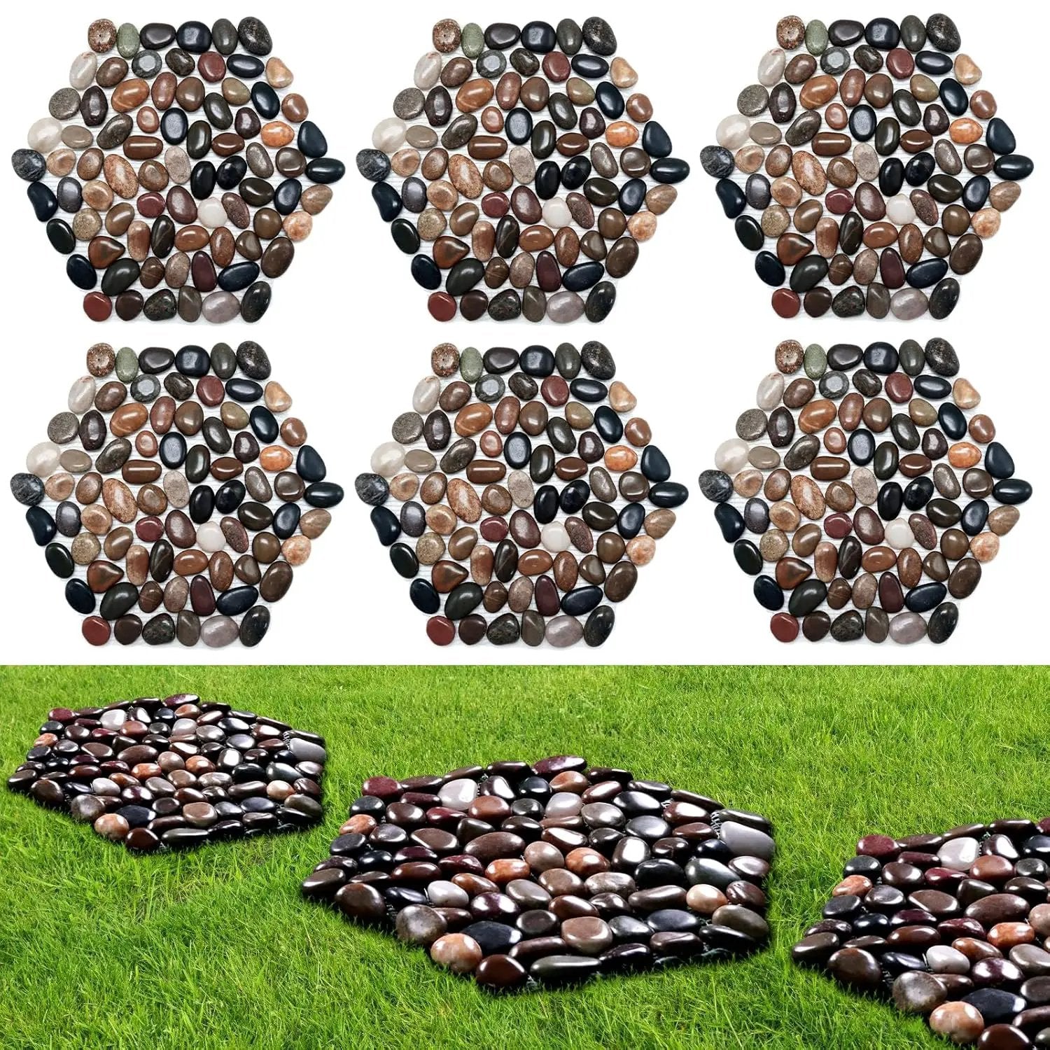 10in River Rock Stepping Stones Set - 6 Pack | Polished Pebble | Long-Lasting PVC Mesh Backing | Perfect for Garden Paths and Lawns Outdoor Landscaping Decoration | Mixed Rhombus by GreenHaven Gardens