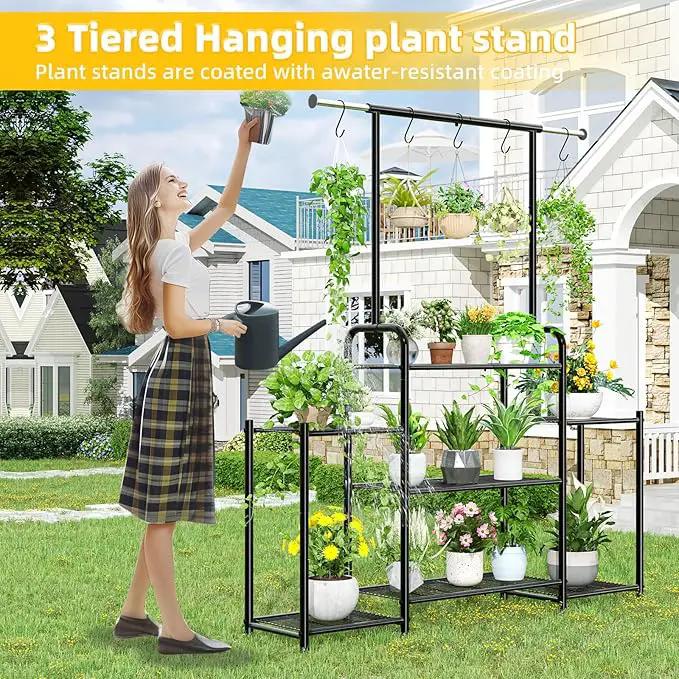 Simple Trending Plant Stand Indoor Outdoor, Metal 3 Tier Tall Hanging Plant Shelf for Multiple Flower Planter Large Heavy Duty Ladder Plant Holder for Garden, Black by GreenHaven Gardens