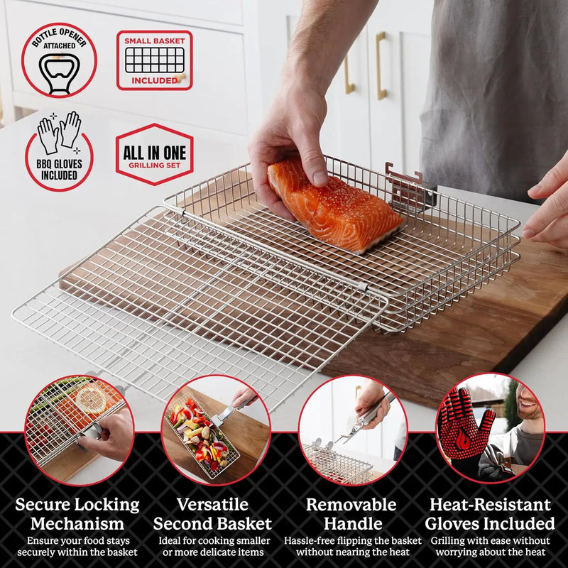 BLAZIN' GRILL Baskets for Outdoor Grill | 2 Grilling Baskets with Detachable Handle | Barbecue Grill Set with BBQ Gloves | Portable Camping Net Rack Perfect for Vegetables, Seafood & Meat by GreenHaven Gardens