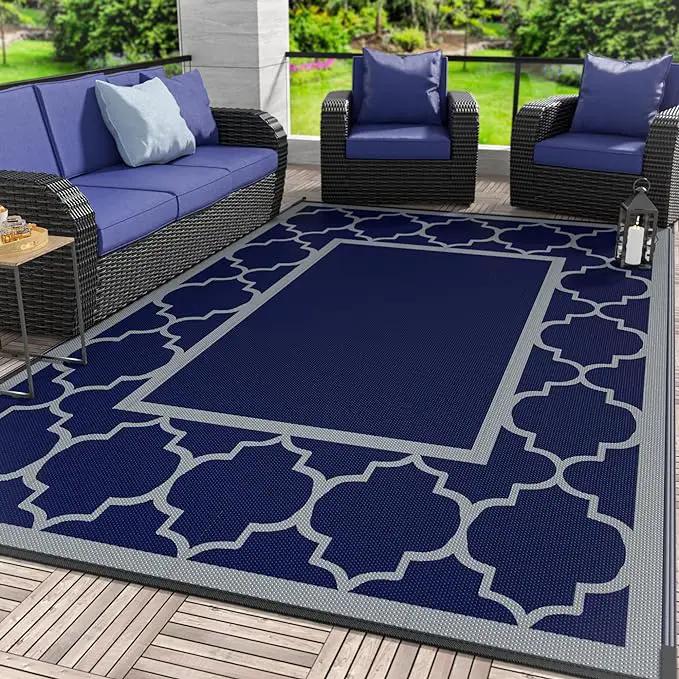 GENIMO 6' x 9' Outdoor Rug Waterproof for Patio Decor, Foldable Reversible Plastic Straw Area Rugs Mat for Camper, Outside Carpet for Rv, Deck, Porch, Picnic, Beach, Balcony, Blue & Grey by GreenHaven Gardens
