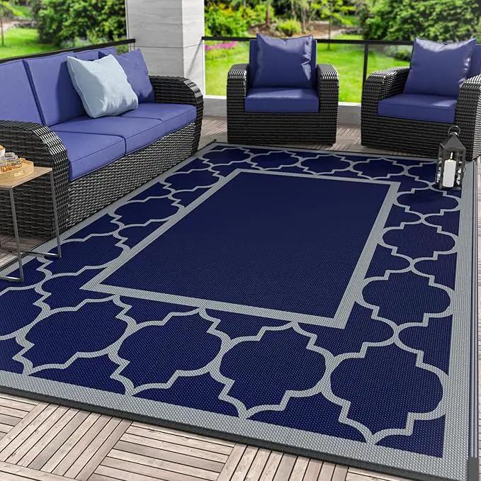 GENIMO 4 ' x 6 ' Outdoor Rug for Patio Clearance, Waterproof Indoor Outdoor Plastic Straw Rugs Carpet, Reversible Outside Area Rv Mat for Camping, Balcony Porch, Deck, Picnic, Beach (Blue & Gray) by GreenHaven Gardens