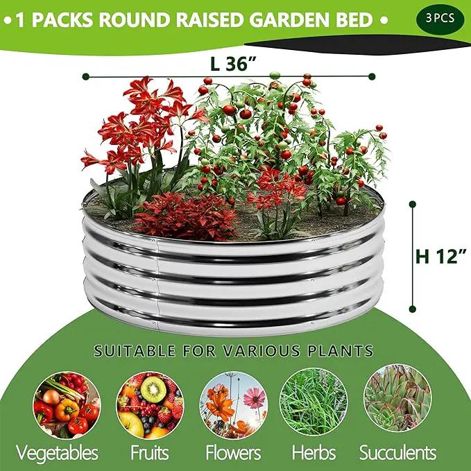 3PCS 3x3x1FT Galvanized Raised Garden Bed Kit,Vegetable Boxes-Round Metal Flower Box,Large Planter Raised Beds Outdoor Garden for Planting,Fruit,Herb-Sliver by GreenHaven Gardens