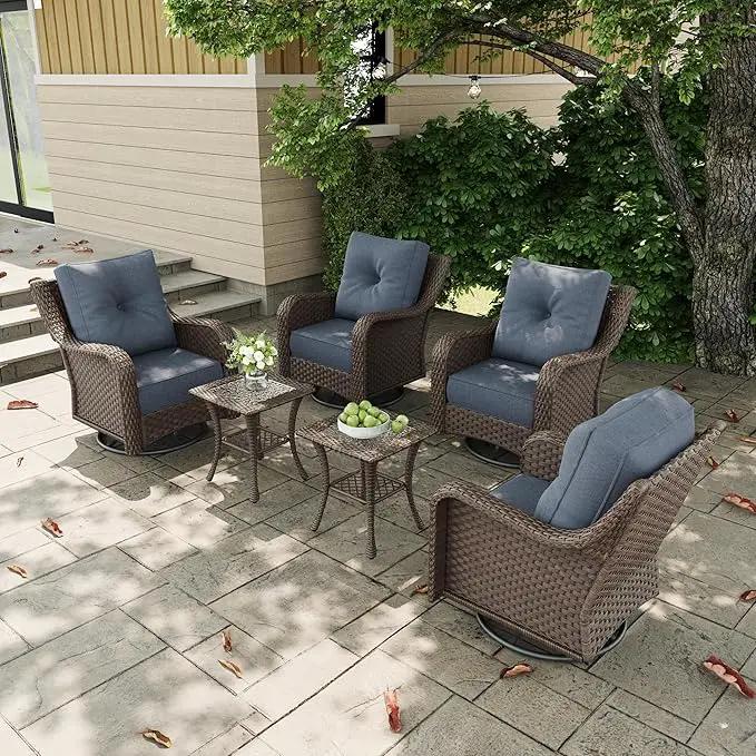 6 Pieces Outdoor Patio Furniture Sets with Rocking Swivel Chairs with 6-inch Thick Cushion and Side Table for Deck Lawn by GreenHaven Gardens