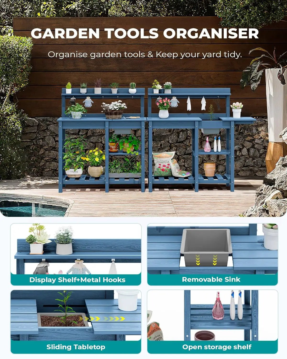 SERWALL Potting Table Outdoor Potting Bench with Sink, HDPE Potting Benches for Outside All Weather Use- Blue by GreenHaven Gardens