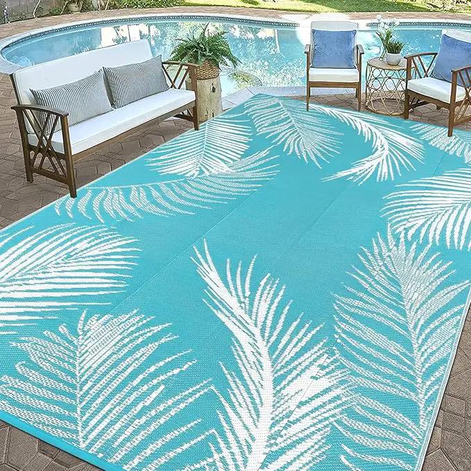 Pauwer Waterproof Outdoor Rug 9x12, Reversible Plastic Straw Patio Camping Rug, Indoor Outdoor RV Mat Carpet for Deck, Camper, Porch, Balcony, Backyard, Picnic, Leaf Teal by GreenHaven Gardens