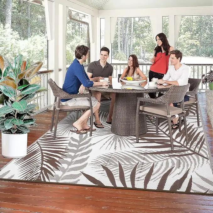 Outdoor Rug Waterproof for Patios Clearance, Reversible Outdoor Plastic Straw Rug Camping Carpet, Outside Floor Mats Large Area Rugs for RV,Patio,Deck,Porch,Beach,Balcony，10'x8',Brown&White by GreenHaven Gardens