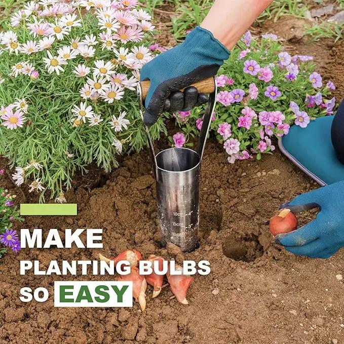 Haliaeetus Bulb Planter Tool, 6 inches Depth Mark Hand Bulb Planter, Non-Bending Stainless Steel Bulb Planter Digger, Garden Bulb Transplanter with Comfortable Wood Handle for Planting Tulip, Daffodil by GreenHaven Gardens