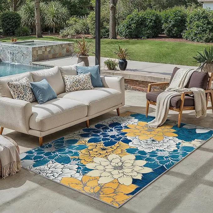 GENIMO Indoor Outdoor Area Rug 5' X 7' Waterproof, Washable Patio Rug Non Shedding, Easy Cleaning Floral Outdoor Carpet for Living Room, Bedroom, Dining Room, Balcony, Backyard, Deck, RV, Blue by GreenHaven Gardens