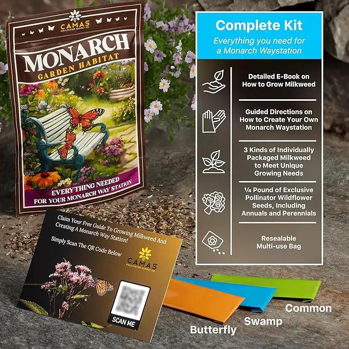 Monarch Butterfly Garden Kit with Milkweed Seeds–Perennial Flower Seeds to Plant Outside| 1/4 Pound Pure Bulk Wildflower Seeds | Garden Seeds for Attracting Pollinators | Seed Packets for Spring/Fall by GreenHaven Gardens