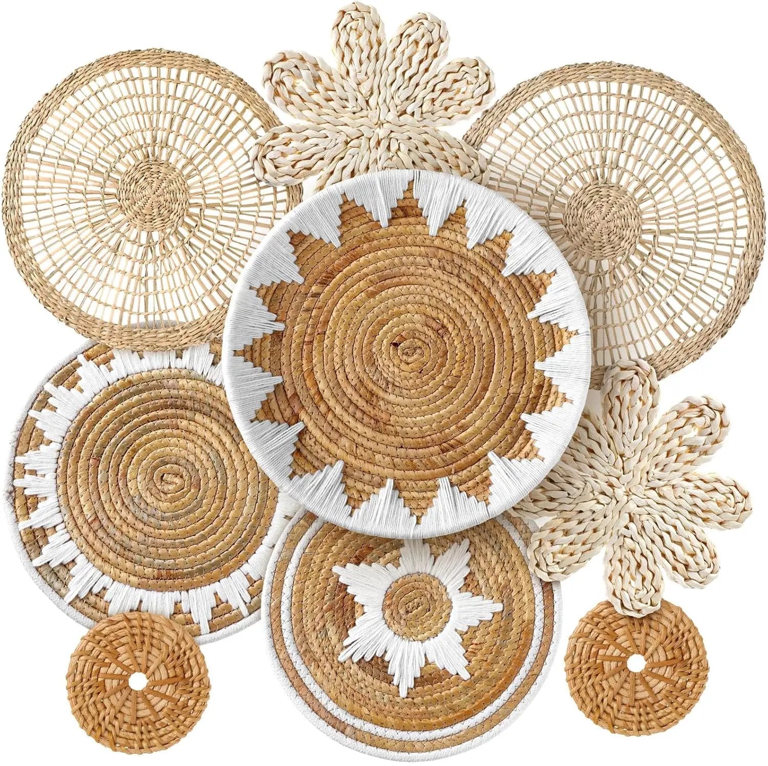 Xuhal Set of 8 Hanging Woven Wall Basket Handmade Decorative Rustic Boho Basket Decor Handcrafted Wicker Round Seagrass Wall Art for Home Kitchen Farmhouse Table Living Room by GreenHaven Gardens