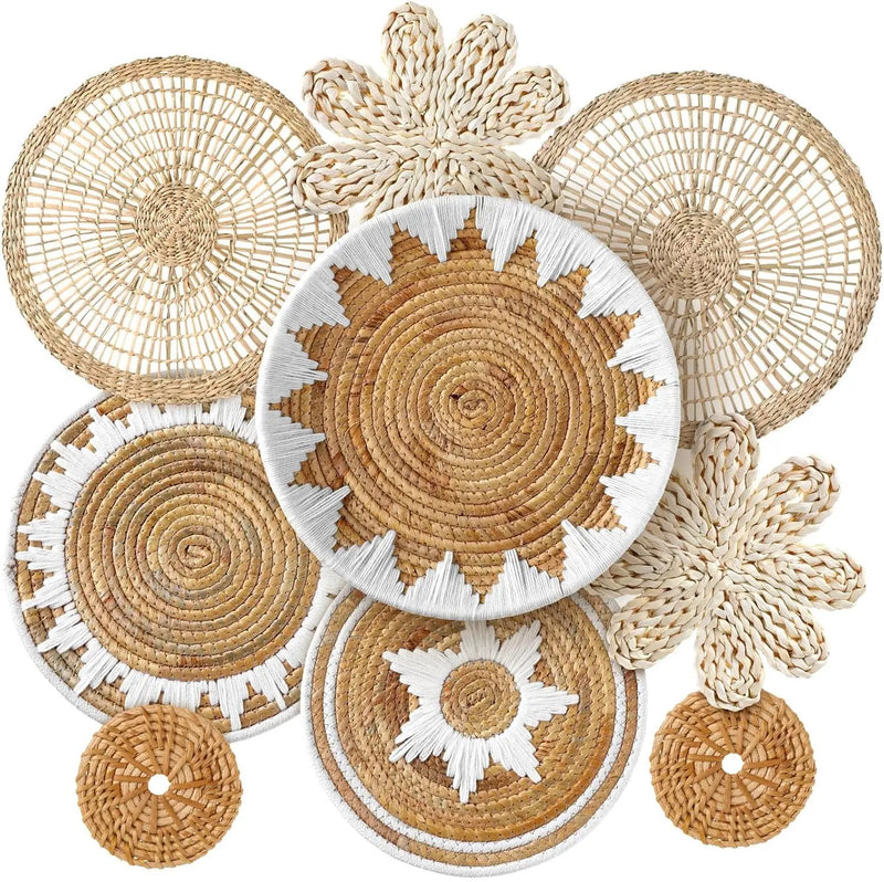Xuhal Set of 8 Hanging Woven Wall Basket Handmade Decorative Rustic Boho Basket Decor Handcrafted Wicker Round Seagrass Wall Art for Home Kitchen Farmhouse Table Living Room by GreenHaven Gardens