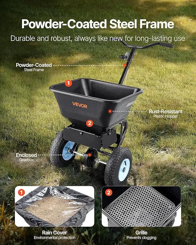 VEVOR Broadcast Spreader, 100LBS4Capacity, Walk-Behind Push Spreader, 0-9.8ft Spreading Width, 13 in All Terrain Pneumatic Tires, Lawn Spreaders with Hopper Grate, for Seed, Fertilizer, Salt, Ice Melt by GreenHaven Gardens