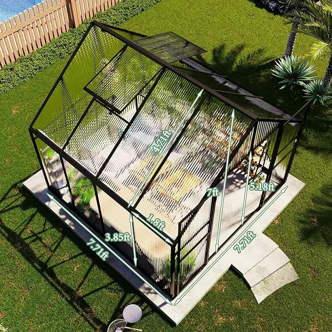Amerlife 8x8x7 FT Ft Polycarbonate Greenhouse for Outdoors, Walk-in Design with Aluminum Frame, 2 Windows and Swing Door, Heavy-Duty Greenhouse Construction for Garden, Black by GreenHaven Gardens