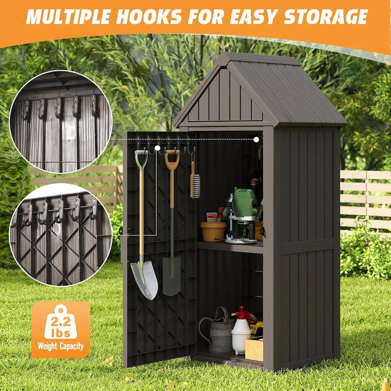 Shed Outdoor Storage Shed with Sloping Roof and Lockable Door, Resin Outdoor Storage Box Cabinet Waterproof and Multiple Hooks for Backyard, Patio, Poolside, Grey by GreenHaven Gardens
