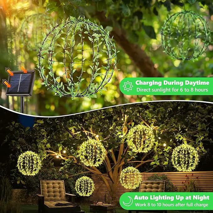 Joomer Solar Hanging Lights Outdoor, 2 Pack 12in 120 LED Solar Globe Lights, 8 Modes Waterproof Foldable Metal Sphere Light with Hook for Garden Yard Porch Decor-Warm White (Ball with Green Leaf) by GreenHaven Gardens